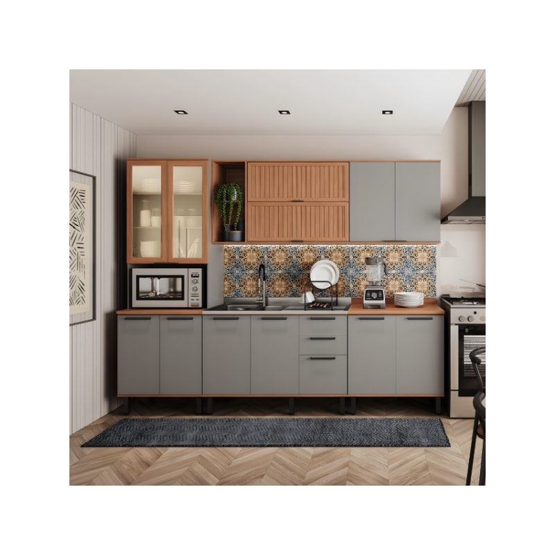 Kit Cozinha Telasul Castanha 13 Portas 2 Gavetas com Tampo e Vidro &ndash; Cinza/Freijó