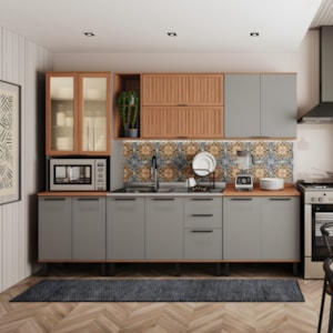 Kit Cozinha Telasul Castanha 13 Portas 2 Gavetas com Tampo e Vidro – Cinza/Freijó