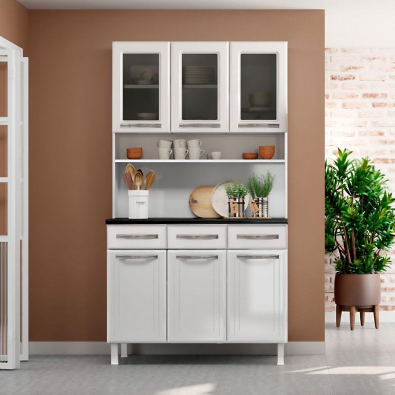 Kit Cozinha Telasul Esmeralda Triplo 3 Porta 3 Gavetas ComVidro Branco