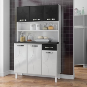 Kit Cozinha Telasul Triplo Rubi 6 Portas 1 Gaveta com Tampode Marmore Preto Smart Preto