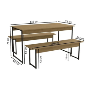 Mesa Sala Jantar Industrial LI013 Easy c/ Tampo Madeirado + 2 Bancos - Kappesberg