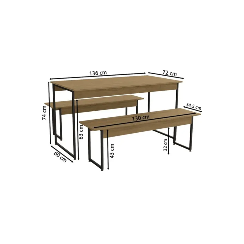 Mesa Sala Jantar Industrial LI013 Easy c/ Tampo Madeirado + 2 Bancos - Kappesberg