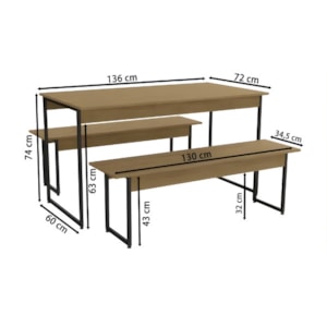 Mesa Sala Jantar Industrial LI013 Easy c/ Tampo Madeirado + 2 Bancos - Kappesberg