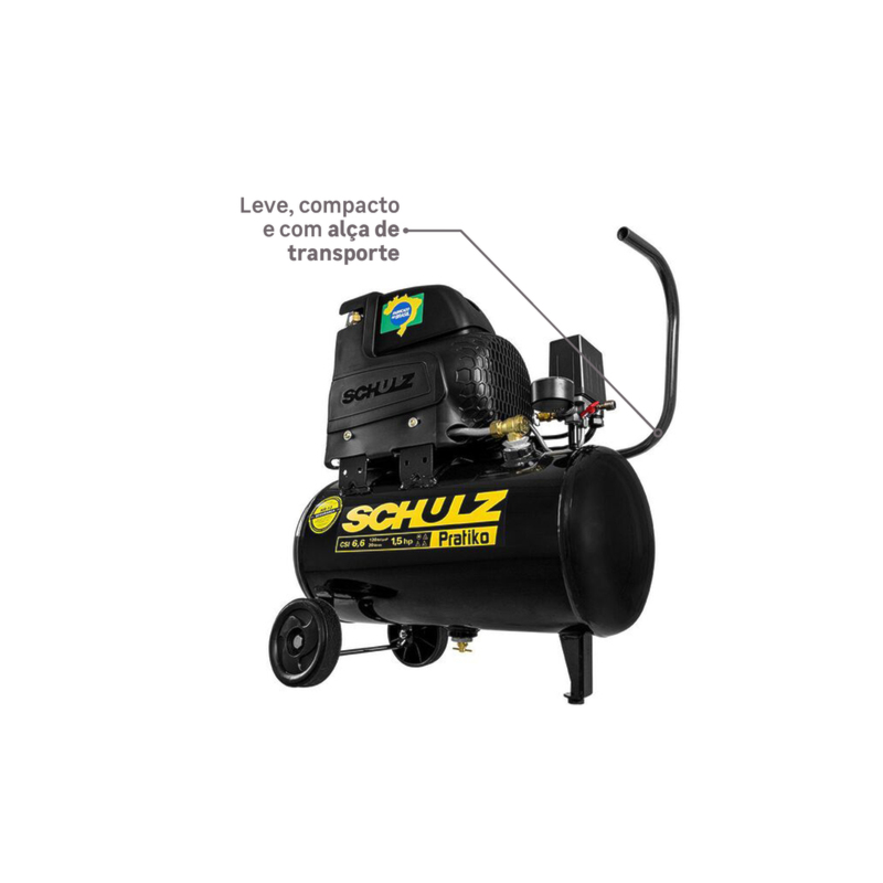 Motocompressor Schulz de Ar Portátil Pistão CSI6,6 Pratiko 20L com Motor Monofásico Aberto 1,5CV, 127V, 2 Polos, 60Hz Modelo Industrial (MI)