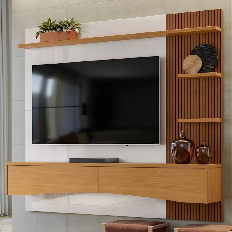 Painel Lukaliam Europa com 2 Gavetas Off White Perolizado/Tauari Ripado-169870c2-1dc5-4bd9-9a8a-69c3a13164c7