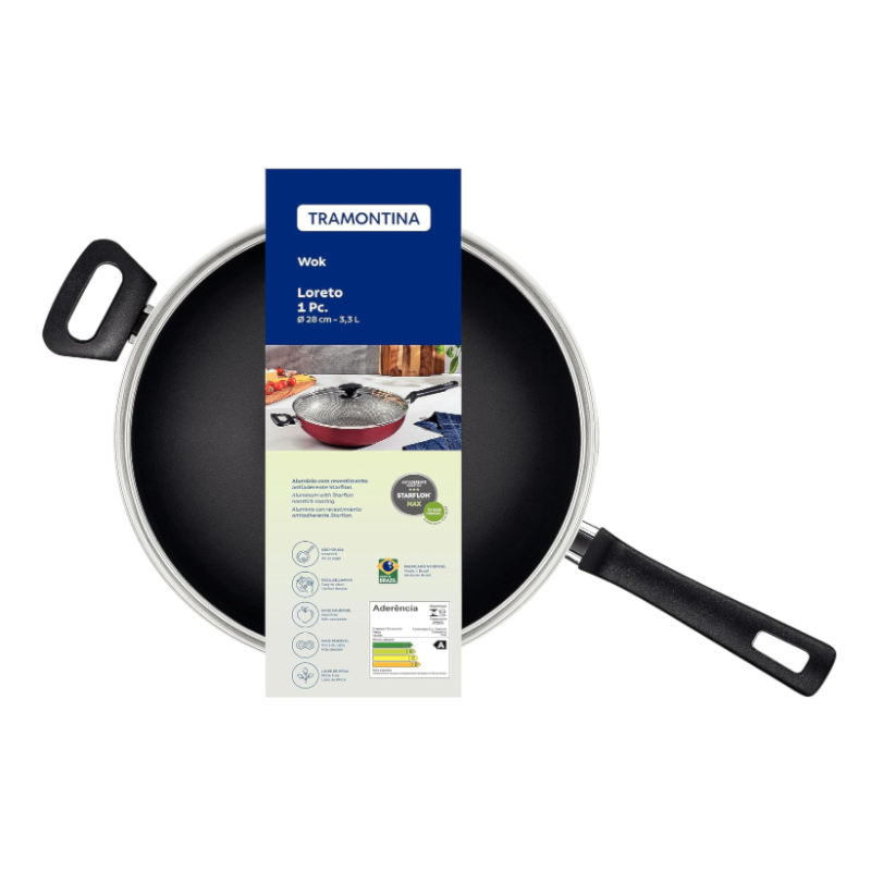 Panela Wok Tramontina 28CM 3,3L Antiaderente com Tampa de Vidro Loreto Grafite 