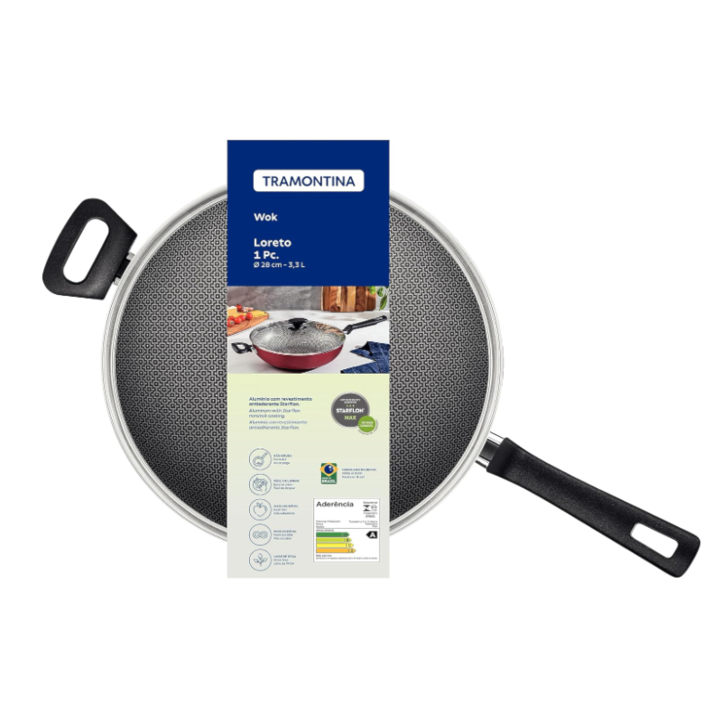 Panela Wok Tramontina 28cm Antiaderente com Tampa de Vidro Loreto Vermelho
