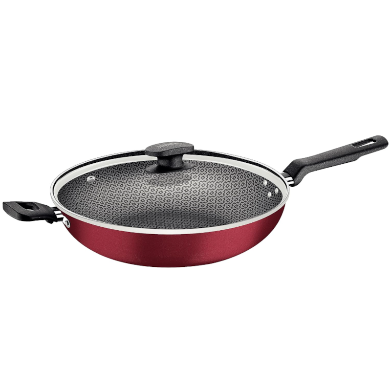 Panela Wok Tramontina 28cm Antiaderente com Tampa de Vidro Loreto Vermelho