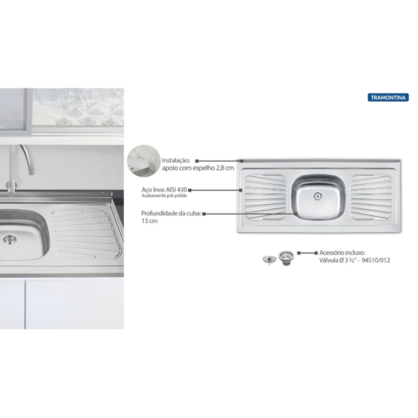 Pia de Apoio Tramontina New Raggi 40 Standard em Aco Inox 120X52cm 1 Cuba-63483b23-6fd3-4357-8cd8-bbd8a9a56334