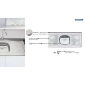 Pia de Apoio Tramontina New Raggi 40 Standard em Aco Inox 120X52cm 1 Cuba