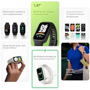 Relógio Pulseira Inteligente Xiaomi Band 9 Active, Monitoramento Cardíaco, 50 Modos Esportivos