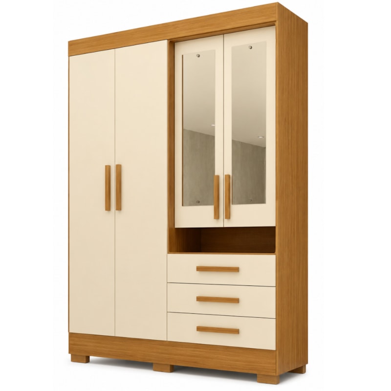 Roupeiro ACP Moveis Debora Capelinha 4 Portas 3 Gavetas com Espelho Cinamomo/Off White-942f8503-d6dd-4e63-86c2-17071c80bdff