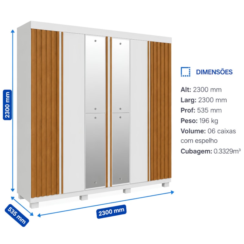 Roupeiro ACP Moveis Eliza 6 Portas 6 Gavetas Com Espelho Branco/Cinamomo-90c56aed-f595-4159-8fdd-1d8599ae6b82