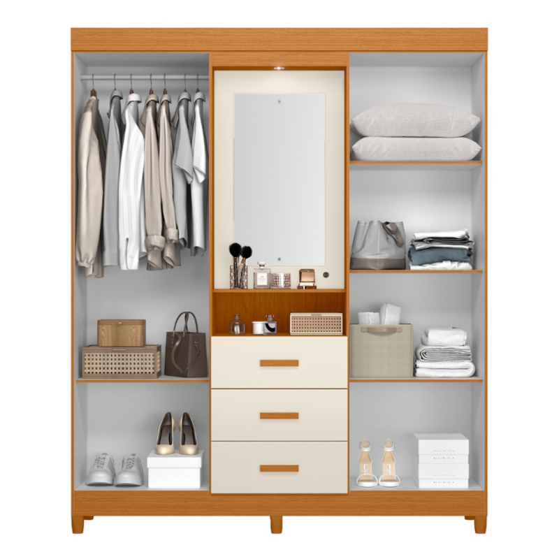 Roupeiro Albatroz Agata 4 Portas 3 Gavetas Espelho Incluso 0,70X0,36M Cinamomo/Off White Interno Branco
