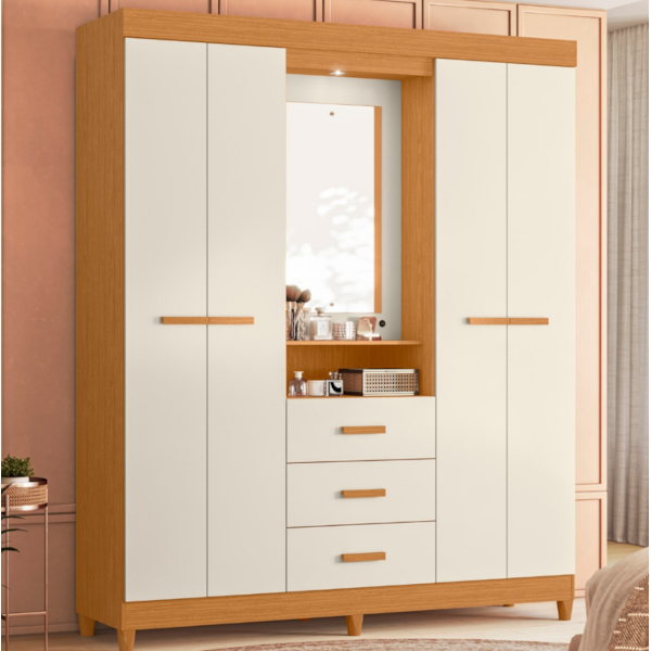 Roupeiro Albatroz Agata 4 Portas 3 Gavetas Espelho Incluso 0,70X0,36M Cinamomo/Off White Interno Branco-6e61a9fe-54ba-4344-8cf1-539a482a41b7