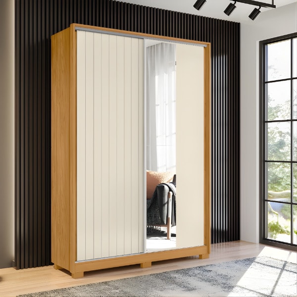 Roupeiro Albatroz Frizatto 2 Portas de Correr com Espelho 3 Gavetas Cinamomo/Off White Flex-f83812d0-bfff-4449-a0aa-4092bffbadc1