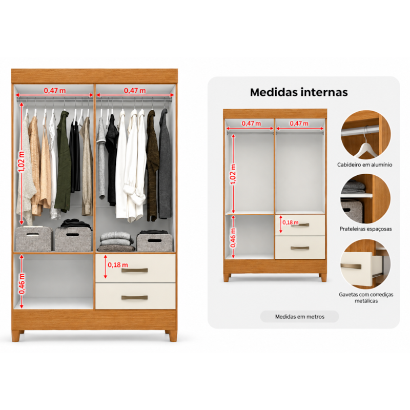 Roupeiro Albatroz Mobi 4 Portas 2 Gavetas Cinamomo/Off White com Interior Branco-e3ae6129-76d9-4e43-b75b-d2e4f2f78547
