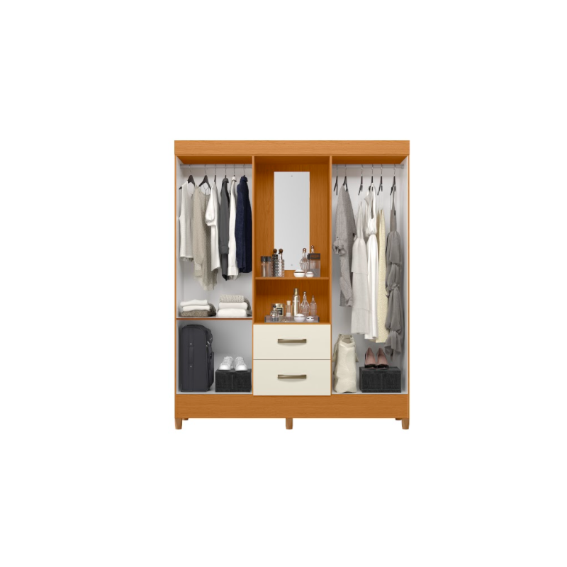 Roupeiro Albatroz Mobi Capela 4 Portas 2 Gavetas com Espelho Incluso de 0,66X0,24 Cinamomo/Off White