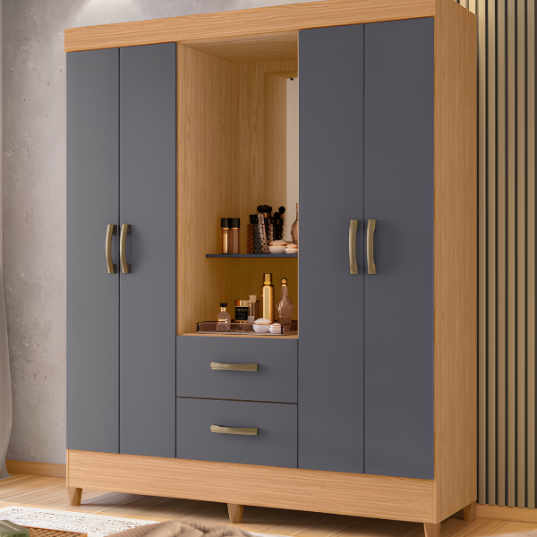 Roupeiro Albatroz Mobi Capela 4 Portas 2 Gavetas com Espelho Incluso de 0,66X0,24 Freijo/Titanium-9f247b34-9e5b-4efc-87e9-8c9b5e50083c