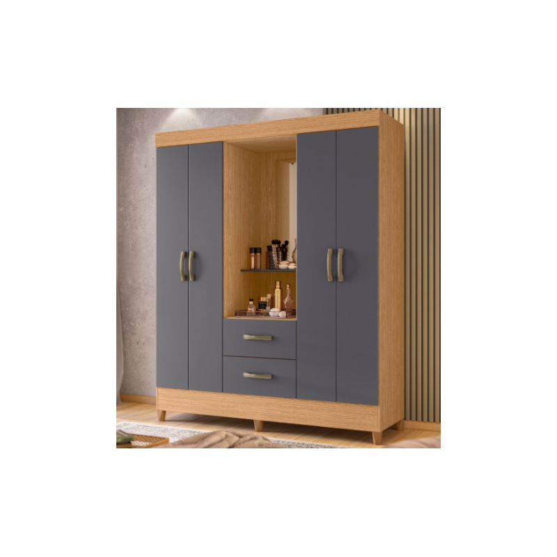 Roupeiro Albatroz Mobi Capela 4 Portas 2 Gavetas com Espelho Incluso de 0,66X0,24 Freijo/Titanium