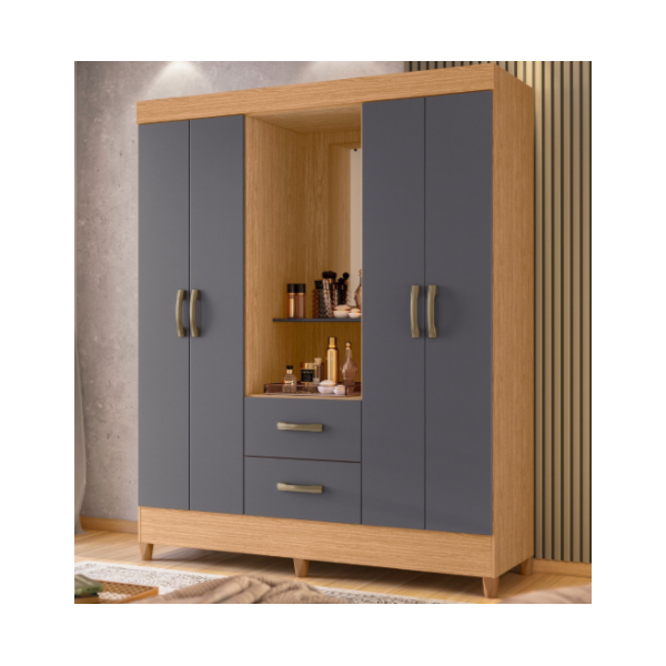 Roupeiro Albatroz Mobi Capela 4 Portas 2 Gavetas com Espelho Incluso de 0,66X0,24 Freijo/Titanium-47b88778-0ff2-46f3-b498-727245a145c9