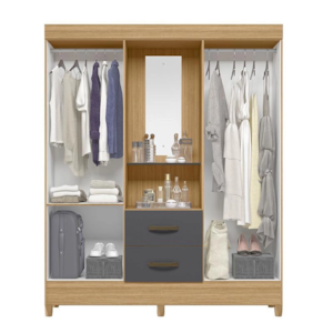 Roupeiro Albatroz Mobi Capela 4 Portas 2 Gavetas com Espelho Incluso de 0,66x0,24m Nature/Titanium Interno Branco
