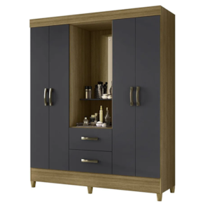 Roupeiro Albatroz Mobi Capela 4 Portas 2 Gavetas com Espelho Incluso de 0,66x0,24m Nature/Titanium Interno Branco