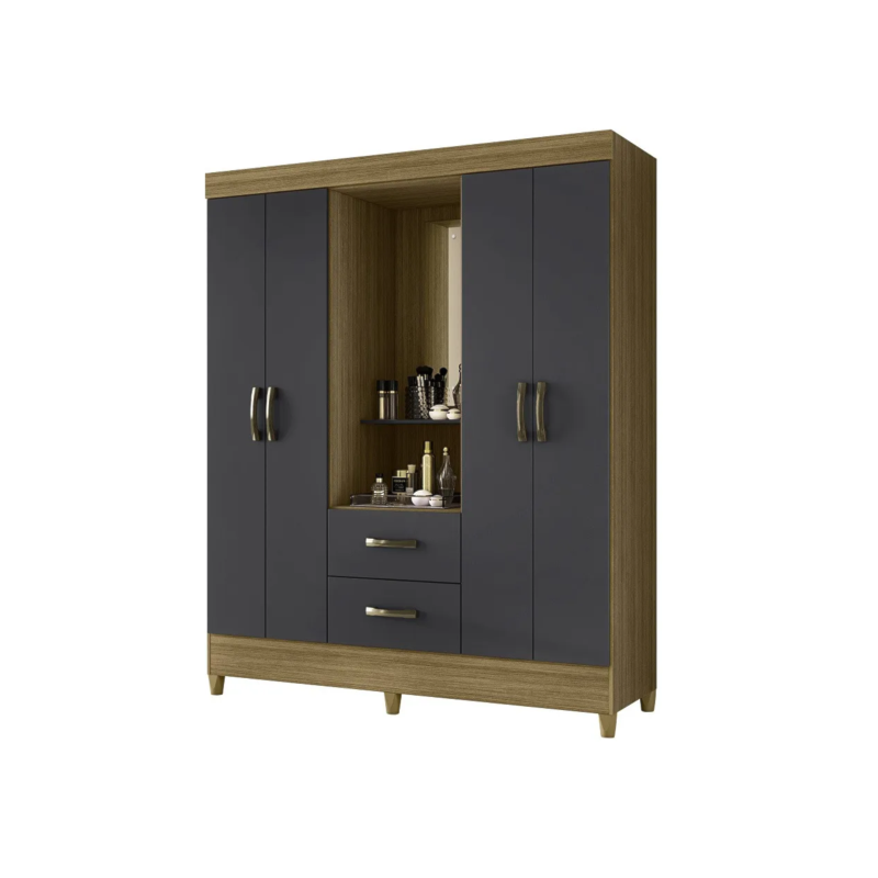 Roupeiro Albatroz Mobi Capela 4 Portas 2 Gavetas com Espelho Incluso de 0,66x0,24m Nature/Titanium Interno Branco