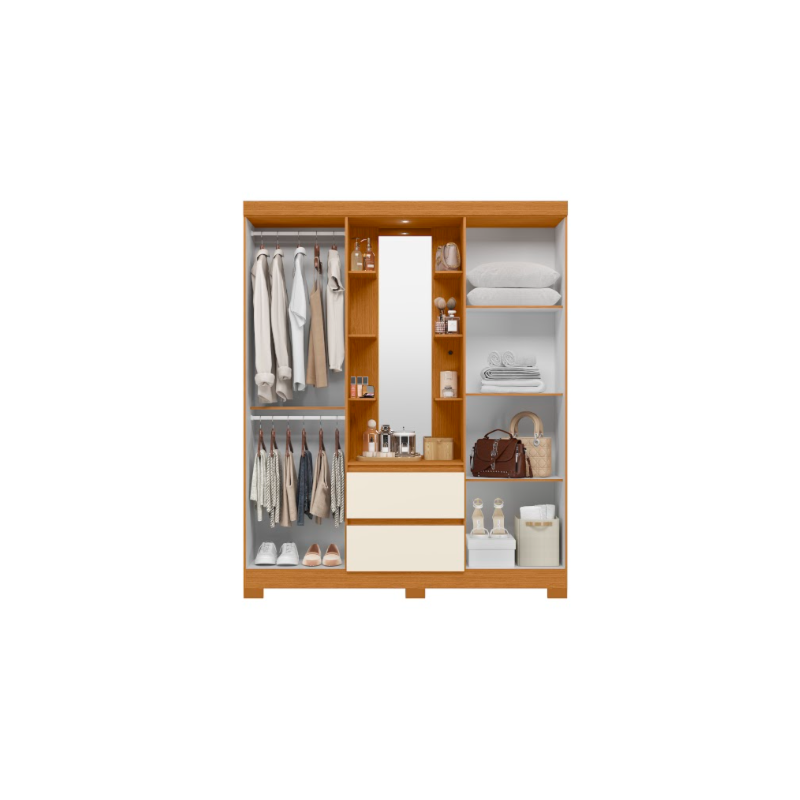 Roupeiro Albatroz Olimpia 4 Portas 2 Gavetas com Espelho Incluso de 1,23X0,30M Cinamomo/Off White Interno Branco