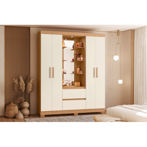 Roupeiro Albatroz Olimpia 4 Portas 2 Gavetas com Espelho Incluso de 1,23X0,30M Freijo/Off White-2b65d9d2-f2f1-4b9c-9561-ba84f213452c