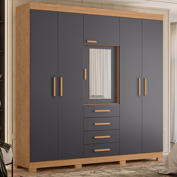 Roupeiro Albatroz Virtus 6 Portas 4 Gavetas Espelho Incluso 0,70X0,36M Freijo/Titanium Interno Branco-95fd216a-683d-4874-8e08-743a25e4df9a