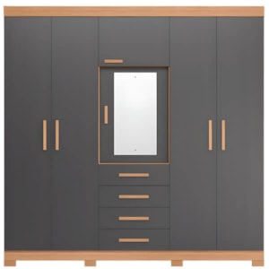 Roupeiro Albatroz Virtus 6 Portas 4 Gavetas Espelho Incluso 0,70X0,36M Freijo/Titanium Interno Branco