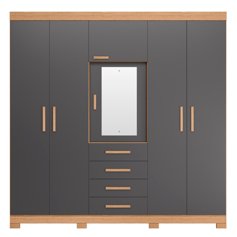 Roupeiro Albatroz Virtus 6 Portas 4 Gavetas Espelho Incluso 0,70X0,36M Freijo/Titanium Interno Branco