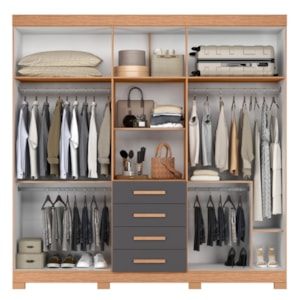 Roupeiro Albatroz Virtus 6 Portas 4 Gavetas Espelho Incluso 0,70X0,36M Freijo/Titanium Interno Branco