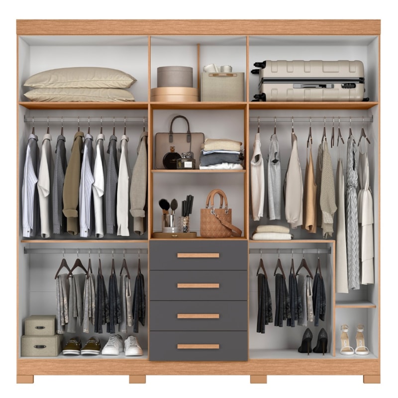 Roupeiro Albatroz Virtus 6 Portas 4 Gavetas Espelho Incluso 0,70X0,36M Freijo/Titanium Interno Branco