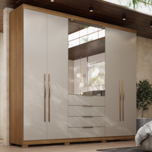 Roupeiro Casal Demóbile Giardino 6 Portas 4 Gavetas com Espelho e Pés Amêndola/Nude Prime TX