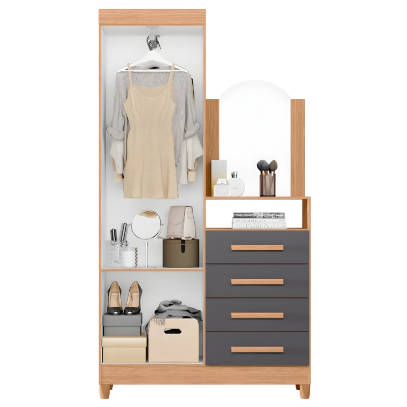 Roupeiro Cômoda Albatroz New Capri 2 Portas, 4 Gavetas com Espelho 60cm x 39cm Freijó/Titanium-a12ad435-a65a-4cc9-b1ba-c748fa0cee53