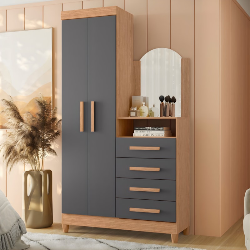 Roupeiro Cômoda Albatroz New Capri 2 Portas, 4 Gavetas com Espelho 60cm x 39cm Freijó/Titanium-c2728123-41d7-4508-ba53-b256119e1dc4