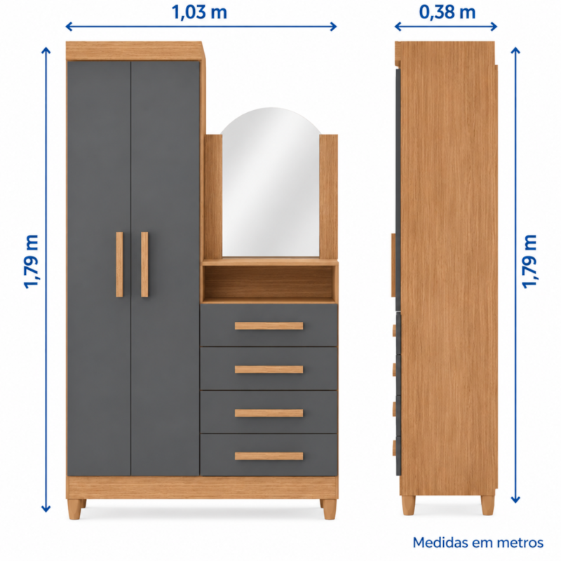 Roupeiro Cômoda Albatroz New Capri 2 Portas, 4 Gavetas com Espelho 60cm x 39cm Freijó/Titanium-3c380424-e348-4674-ab06-37d810b68b2e