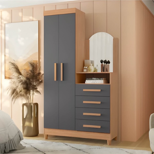 Roupeiro Cômoda Albatroz New Capri 2 Portas, 4 Gavetas com Espelho 60cm x 39cm Freijó/Titanium –-3ee1872b-4d6b-49fd-b7e3-a53bc337c586