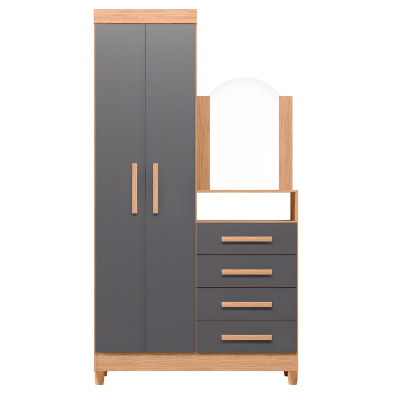 Roupeiro Cômoda Albatroz New Capri 2 Portas, 4 Gavetas com Espelho 60cm x 39cm Freijó/Titanium –-3a02fe66-9143-403b-b858-e13840f7c948