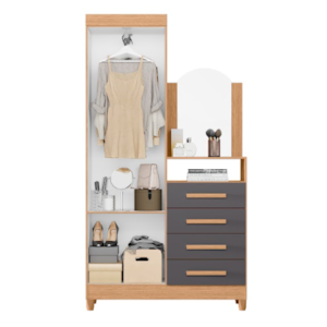 Roupeiro Cômoda Albatroz New Capri 2 Portas, 4 Gavetas com Espelho – Freijó/Titanium – 60cm x 39cm