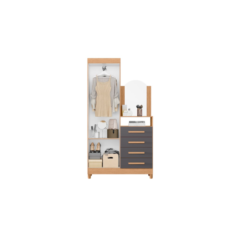 Roupeiro Comoda Albatroz New Capri 2 Portas 4 Gavetas com Espelho Incluso 0,60X0,39M Freijo/Titanium Interno Branco
