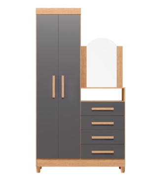 Roupeiro Comoda Albatroz New Capri 2 Portas 4 Gavetas com Espelho Incluso 0,60X0,39M Freijo/Titanium Interno Branco