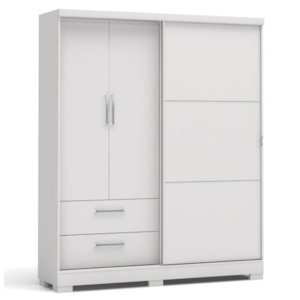 Roupeiro Kappesberg 2 Portas 1 Porta de Correr 2 Gavetas com Pé Branco de Madeira