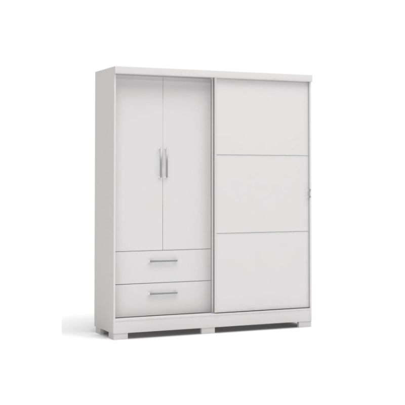 Roupeiro Kappesberg 2 Portas 1 Porta de Correr 2 Gavetas com Pé Branco de Madeira