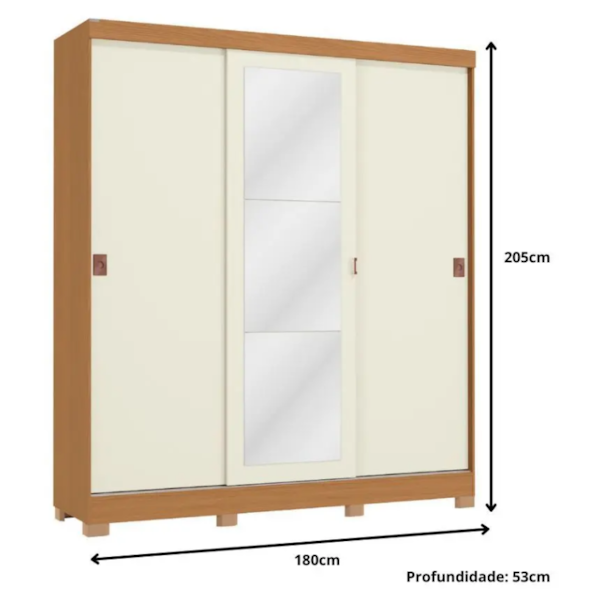Roupeiro Kappesberg 3 Portas De Correr 2 Gavetas Com Espelho E Pes Canela/Off White-c96060c8-b5f9-4143-ba6b-ff3ce16eaff1