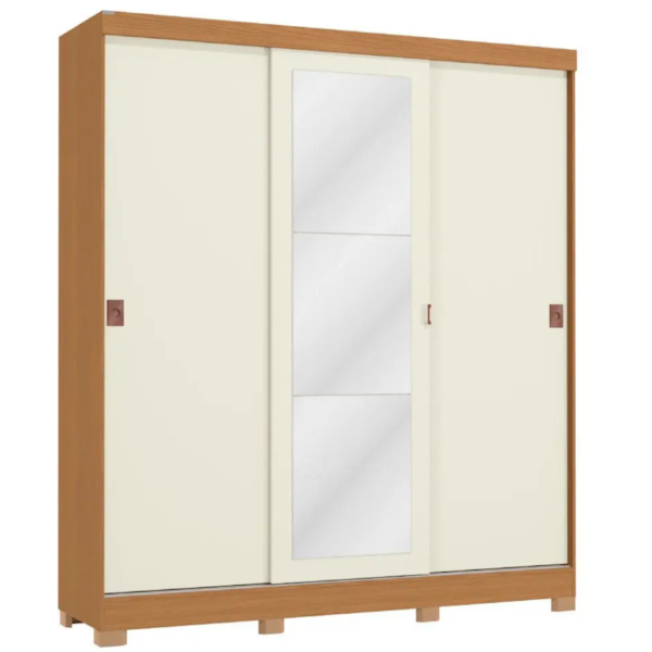  Roupeiro Kappesberg 3 Portas De  Correr 2 Gavetas Com Espelho E Pes Canela/Off White-0027015c-9192-478c-bf39-4dec08d66936