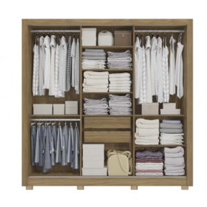 Roupeiro Kappesberg 3 Portas de Correr 2 Gavetas com Espelho e Pes Nogueira/Fendi de Madeira