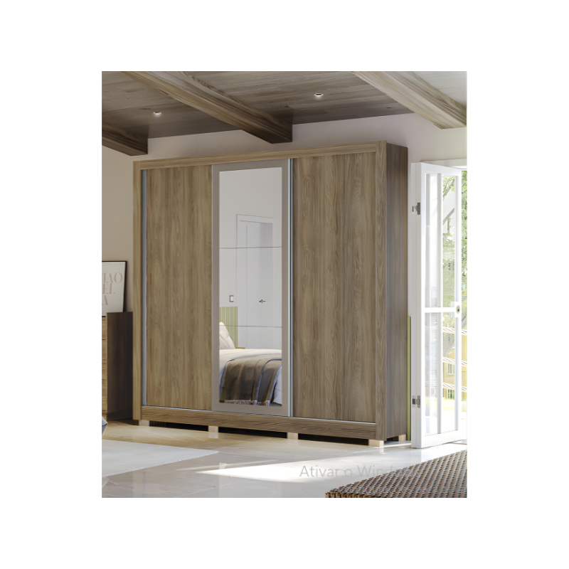 Roupeiro Kappesberg 3 Portas de Correr 2 Gavetas com Espelho e Pes Nogueira/Fendi de Madeira-131bd073-7399-4f7f-b605-56804614abfc